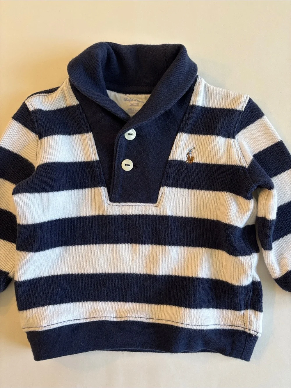 Ralph Lauren Baby Boy Navy White Striped Shawl Collar Sweater Size 9 Months